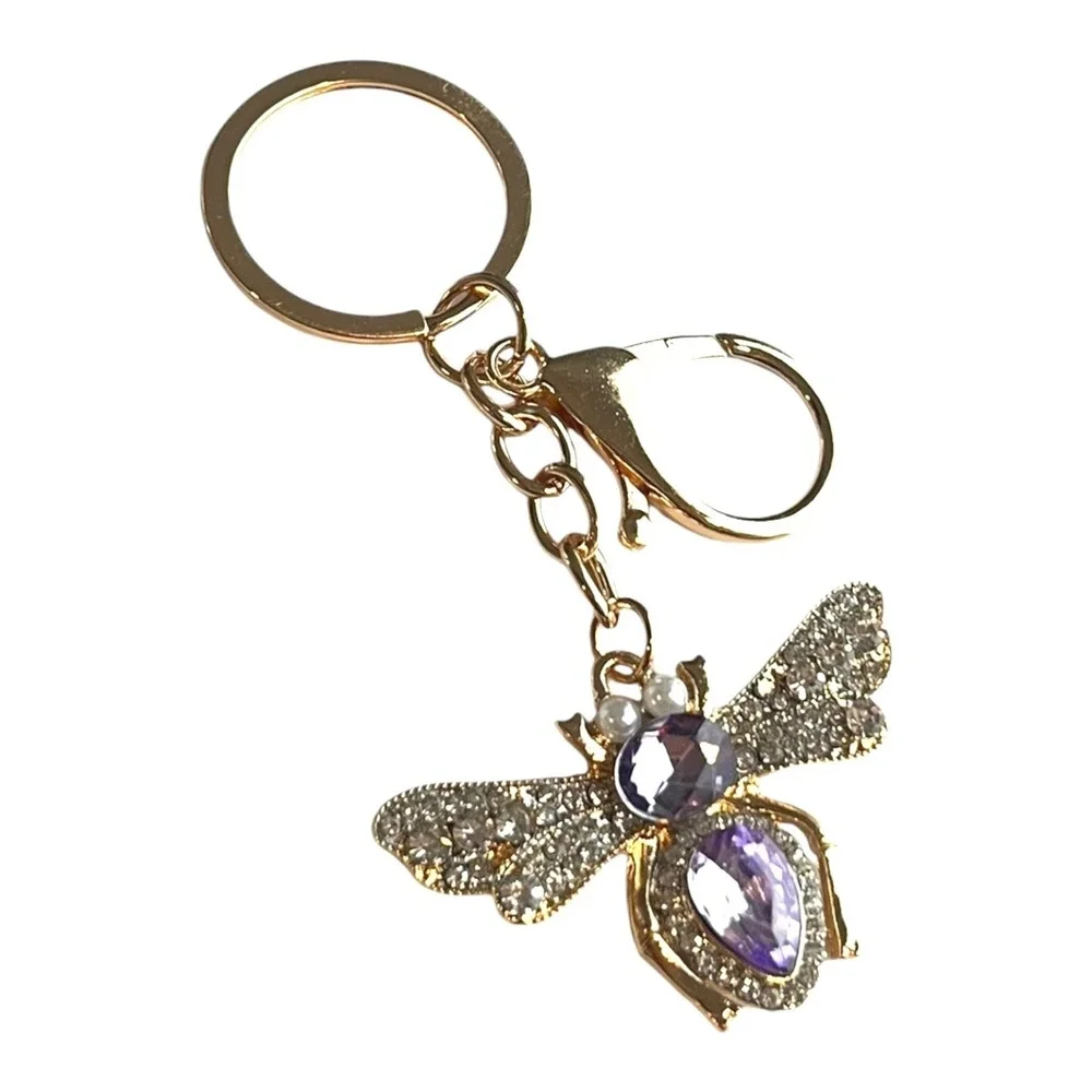 Women's Gold Tone Purple Rhinestone Bee Charm Key Chain Faux Pearl 4